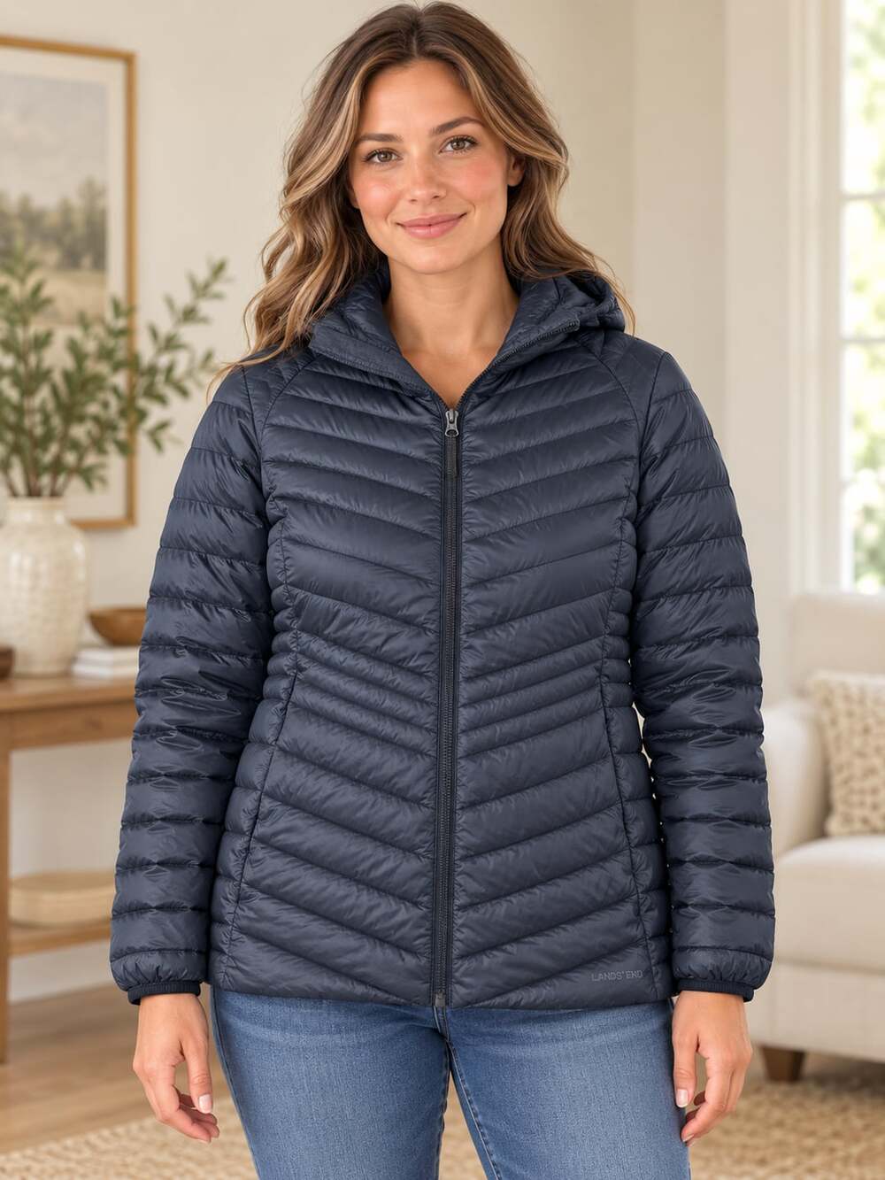 Lands’ End Wanderweight Packable Down Hooded Puffer Jacket Black 2X 20W 22W